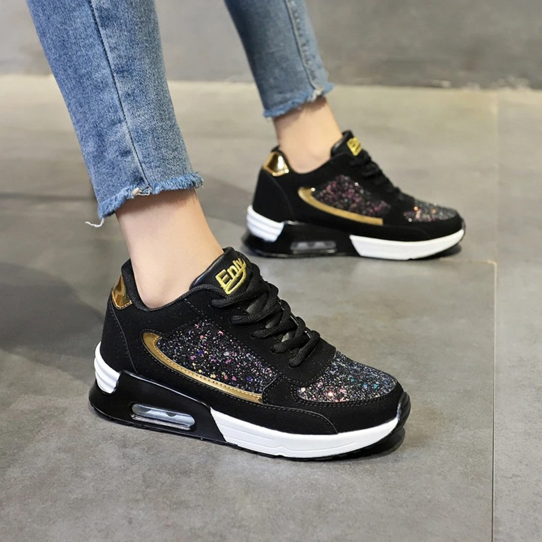 Damen-Sneaker, schwarz, Glitzer, atmungsaktiv, leicht, modisch, Freizeitschuh, goldene Akzente.
