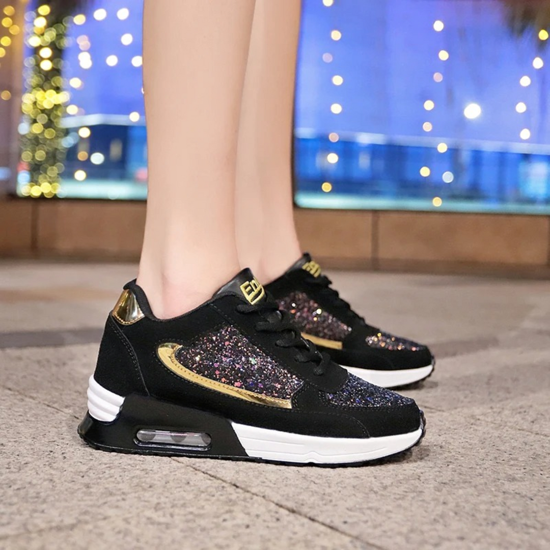 Schwarze Damen-Sneaker mit Glitzer, atmungsaktiv, leicht, modisch, für Freizeit und Sport.