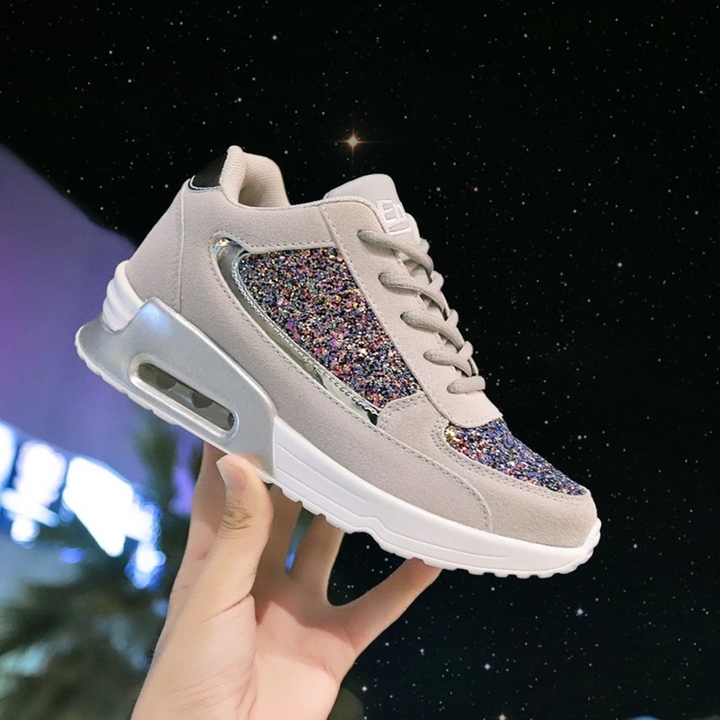 Glitzernde, atmungsaktive Damen-Sneaker, leicht, grau, mit bunten Pailletten, Freizeitschuh.