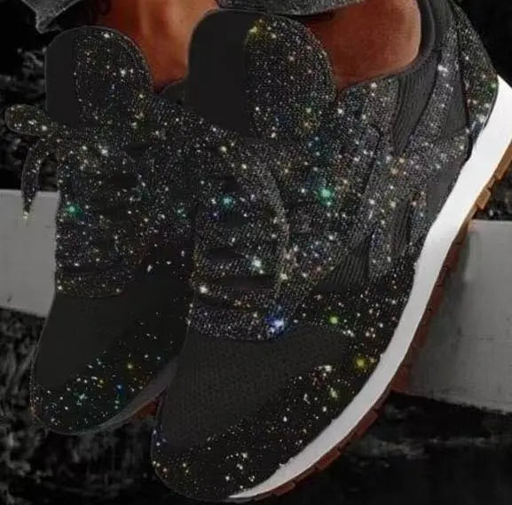Glitzernde Damen-Sneaker, schwarz, vulkanisiert, chunky, modisch, 2023, Höhe erhöhend.