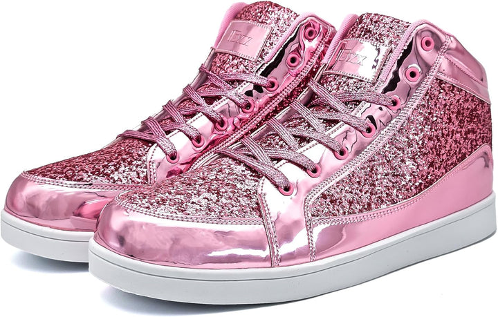 Rosa glitzernde High-Top-Sneaker, Damen, modisch, glänzend, Freizeit, Schnürschuhe.