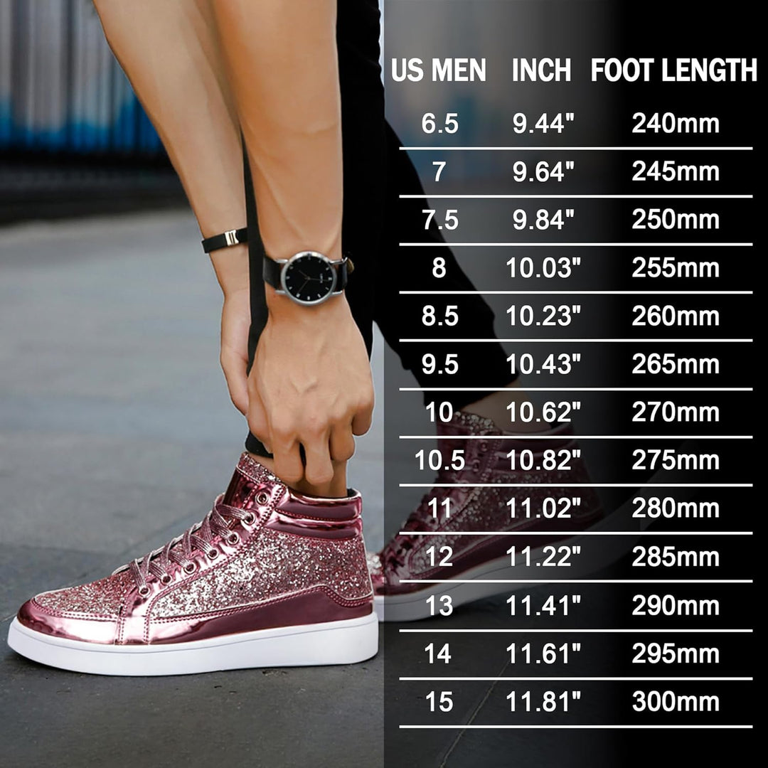Rosa glitzernde High-Top-Sneaker, Damen, modisch, mit Größentabelle, Straßendetails.