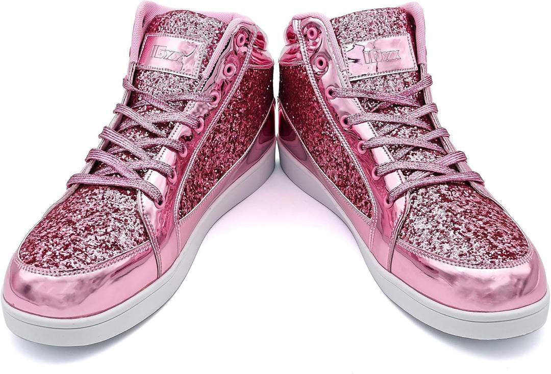 Rosa glitzernde High-Top-Sneaker, Damen, modisch, glänzend, Freizeit, Schnürschuhe.