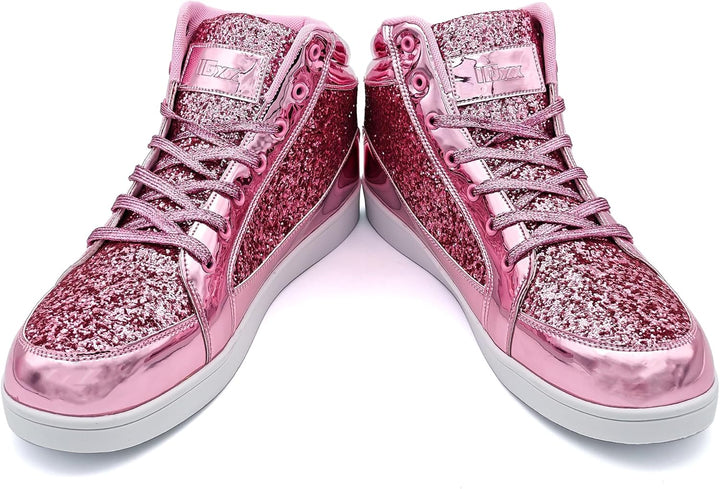 Rosa glitzernde High-Top-Sneaker, Damen, modisch, glänzend, Freizeit, Schnürschuhe.