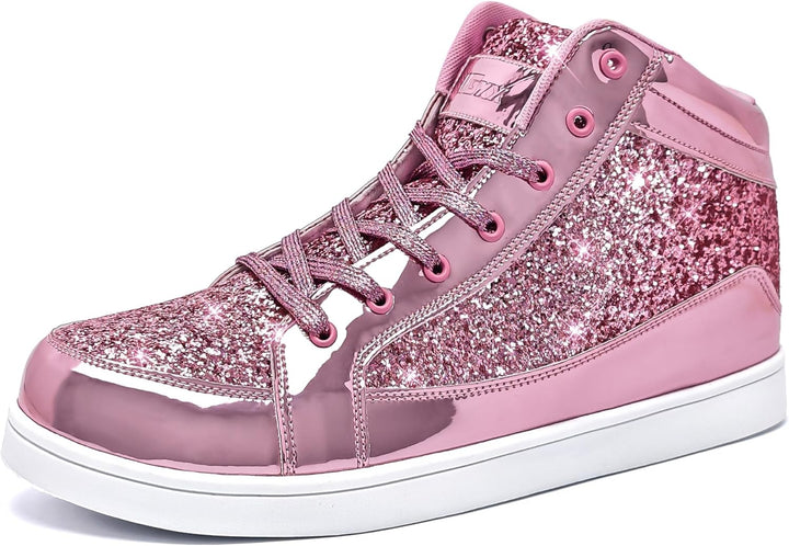 Rosa glitzernder Sneaker, Damen, modisch, glänzend, hohe Sohle, Freizeit, trendig.