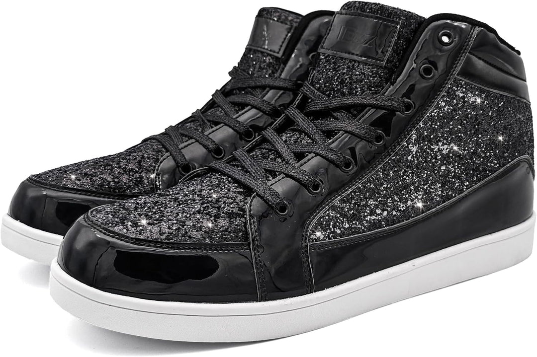 Schwarze Glitzer-Sneaker, hohe Schuhe, glänzend, modisch, Freizeit, Herren, Damen.