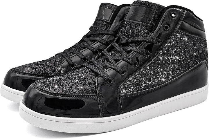 Schwarze Glitzer-Sneaker, hohe Schuhe, glänzend, modisch, Freizeit, Herren, Damen.