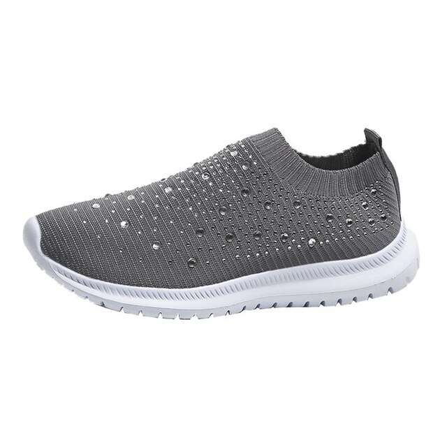 Graue Damen-Sneaker, Strickmaterial, Kristallverzierung, rutschfest, bequem, Freizeitschuh.