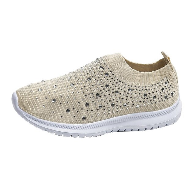 Beige Damen-Sneaker mit Strass, rutschfest, atmungsaktiv, leichte Slip-On-Schuhe.