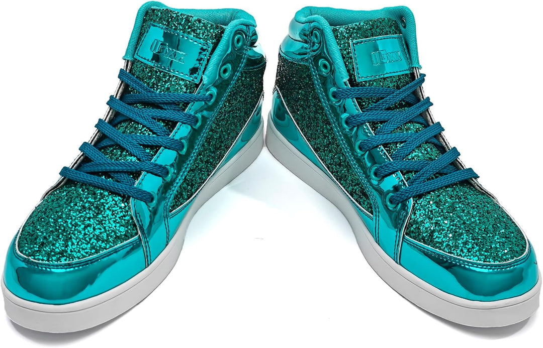Türkis glitzernde High-Top-Sneaker, modisch, glänzend, für Damen, Freizeitmode.