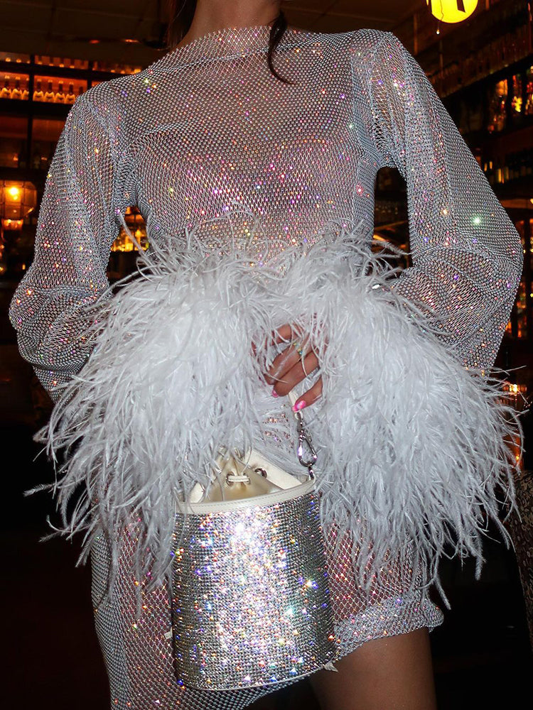 Funkelndes silbernes Paillettenkleid mit weißen Federn und glitzernder Handtasche in Barumgebung.