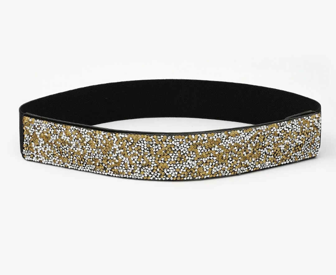 Schwarzes Stirnband mit goldenen und silbernen Glitzersteinen, modisches Accessoire.
