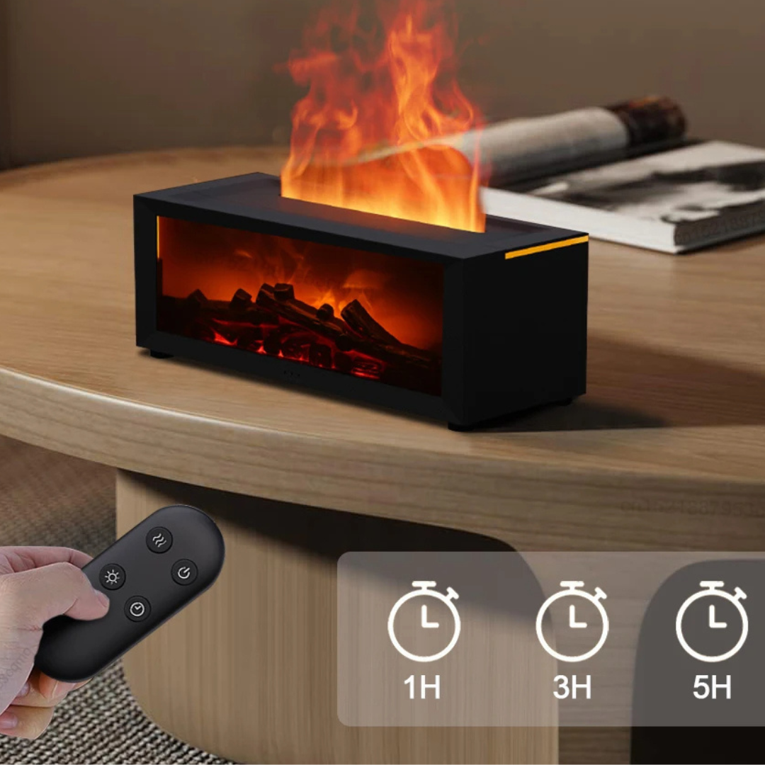Schwarzer Aroma-Diffuser mit Flammeneffekt, Fernbedienung, Timer, modernes Design.