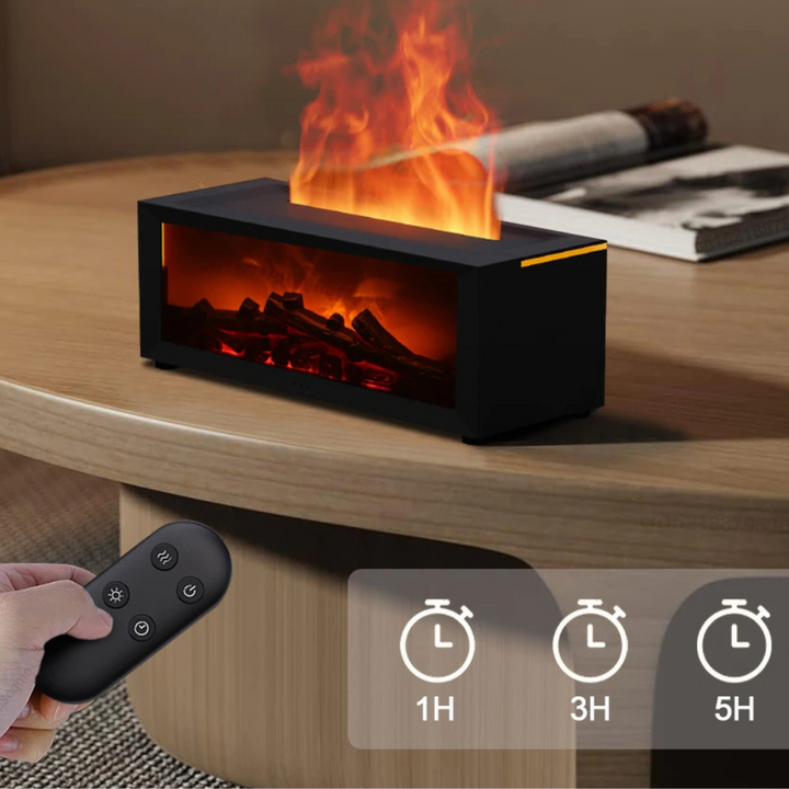 Schwarzer Aroma-Diffuser mit Flammeneffekt, Fernbedienung, Timer, modernes Design.