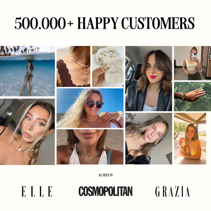 Collage von zufriedenen Kunden mit Atolea-Schmuck, 500.000+ glückliche Kunden, Modezeitschriften.