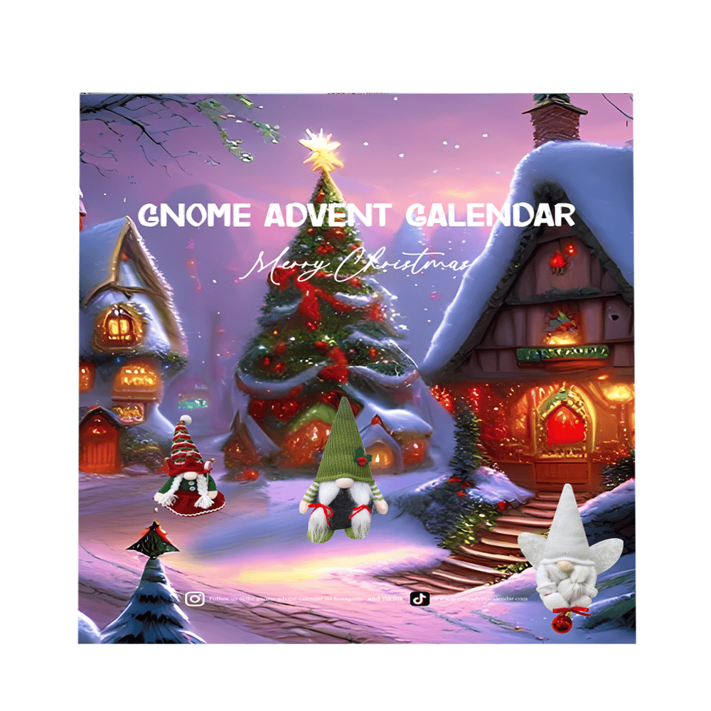 Weihnachtlicher Wichtel-Adventskalender, bunte Häuser, festliche Dekoration, Winterlandschaft