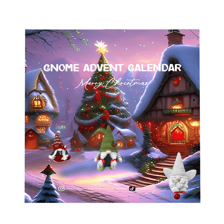 Weihnachtlicher Wichtel-Adventskalender, bunte Häuser, festliche Dekoration, Winterlandschaft