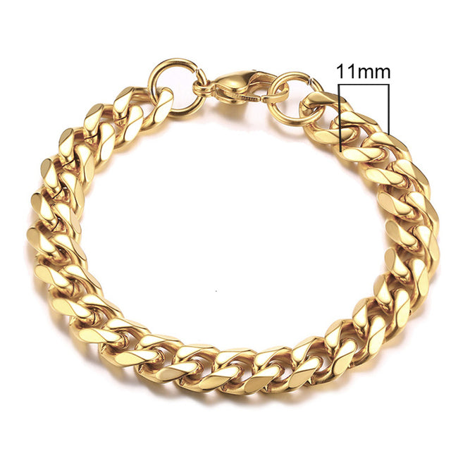 Goldenes Edelstahl-Armband, 11mm, kubanische Gliederkette, Herren-Schmuck, modisch.