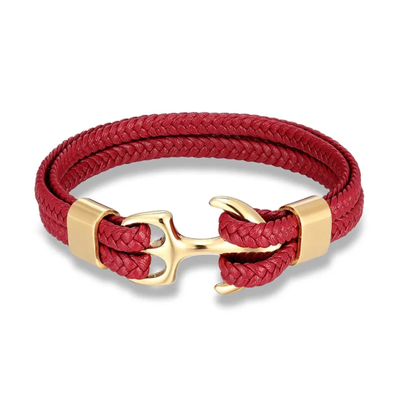 Rotes Lederarmband mit goldener Anker-Schließe, modisches Accessoire, Unisex-Schmuck.