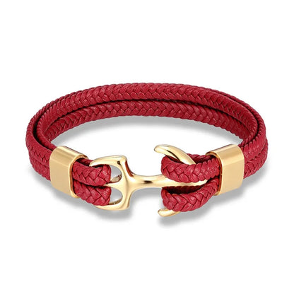 Rotes Lederarmband mit goldener Anker-Schließe, modisches Accessoire, Unisex-Schmuck.