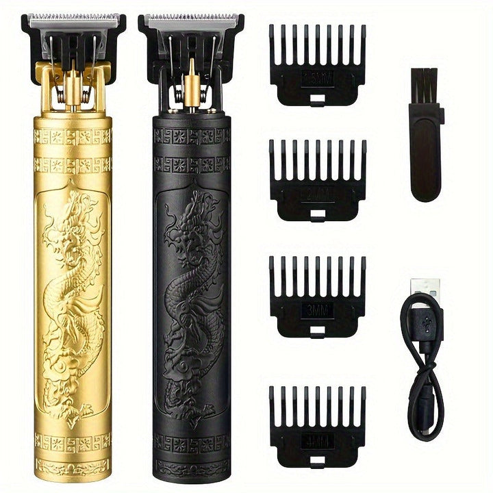Goldener und schwarzer Haarschneider mit Drachenmuster, Aufsätze, USB-Kabel, Reinigungsbürste.