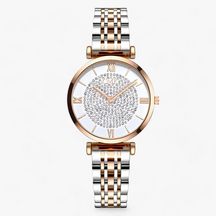 Luxus-Damenarmbanduhr, zweifarbig, Edelstahl, römische Ziffern, Strass, modisch, elegant
