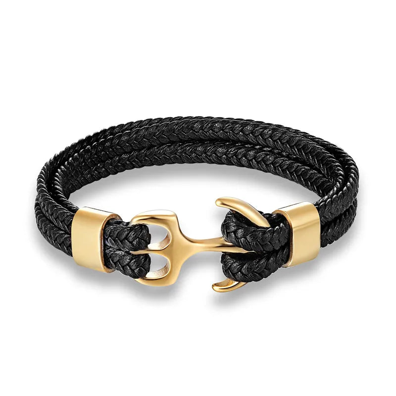 Schwarzes Lederarmband mit goldener Anker-Schließe, maritimer Schmuck, Herren Accessoire.