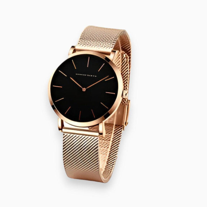 Luxus-Damenarmbanduhr, roségoldenes Edelstahlarmband, schwarzes Zifferblatt, elegant, modern.