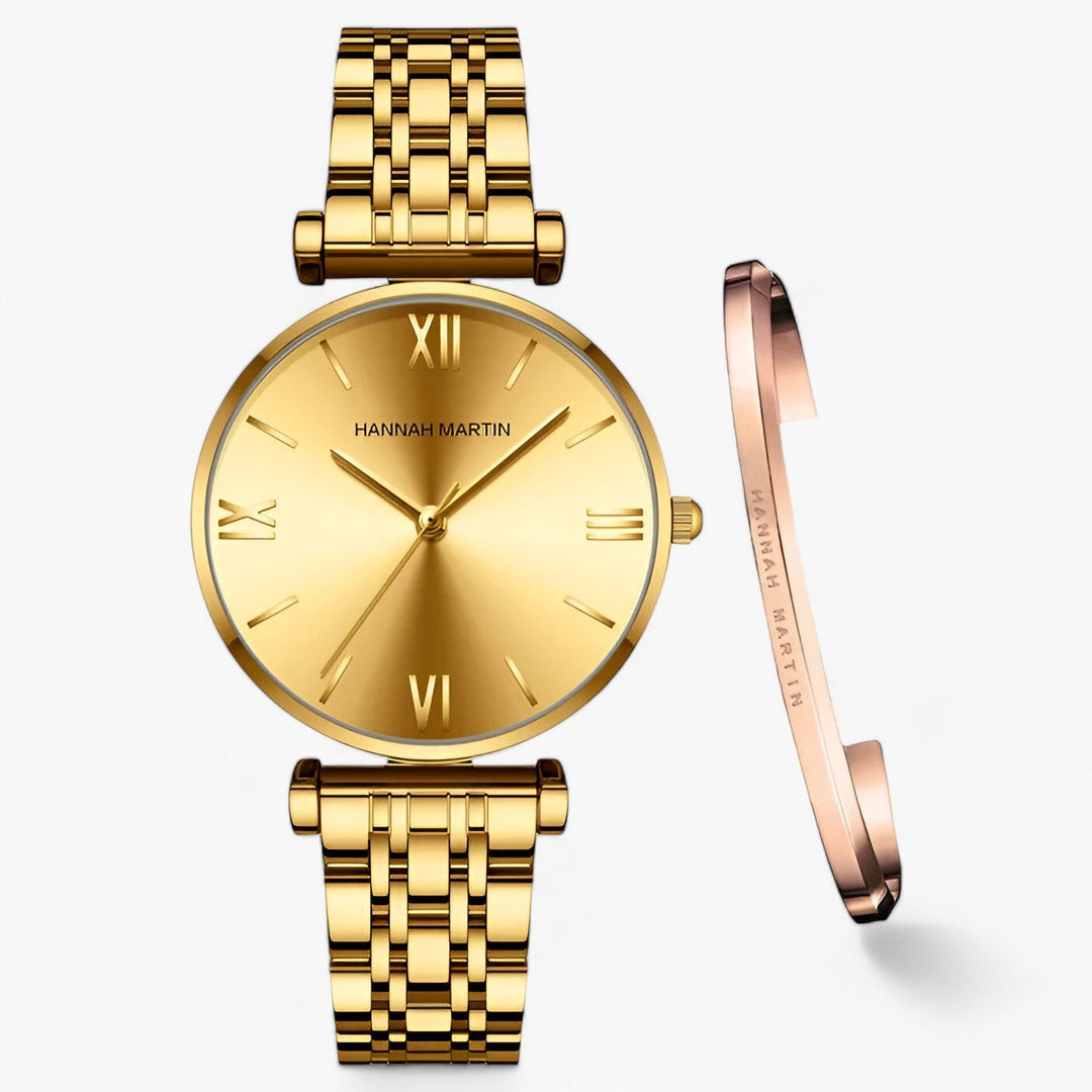 Goldene Armbanduhr mit römischen Ziffern und Gliederarmband, elegante Damenmode-Uhr.