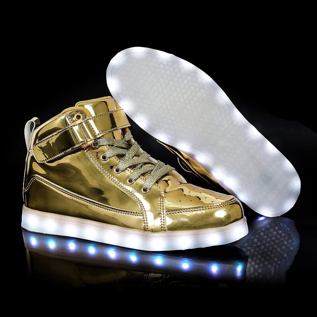 Goldene LED-Sneaker, glänzend, mit leuchtender Sohle, modische Schuhe für Partys und Events.