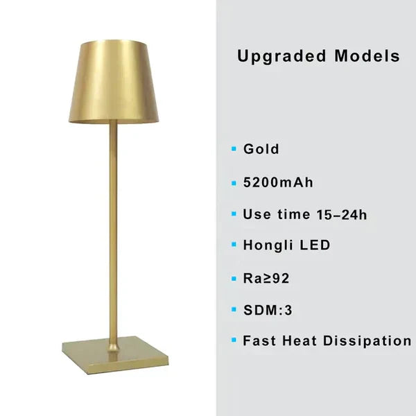 Goldene LED-Tischlampe, 5200mAh, Aluminiumlegierung, wiederaufladbar, für Wohnzimmer.
