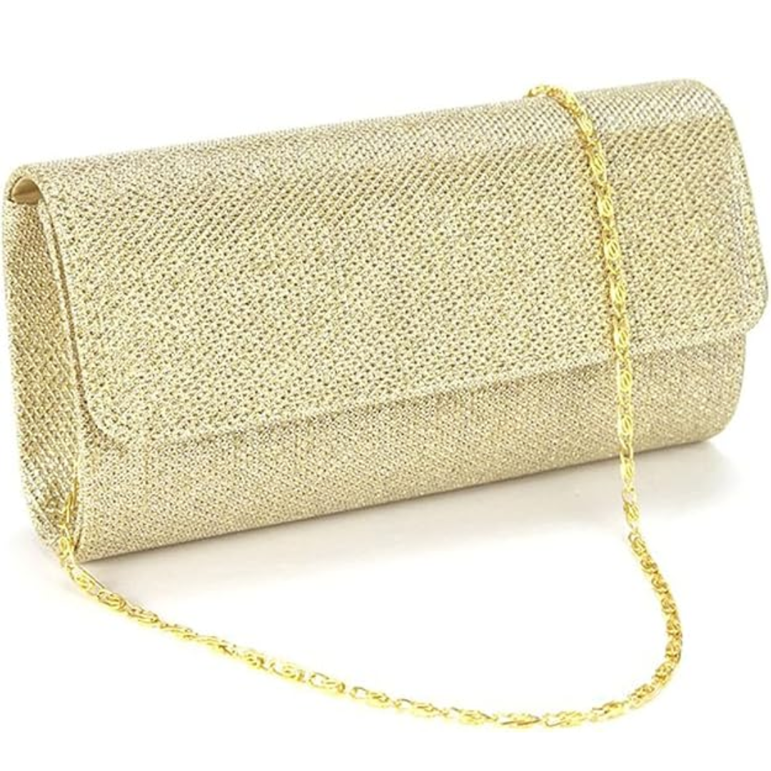 Goldene Clutch Tasche mit Kettenschulterriemen, elegantes Design, Abendmode Accessoire.