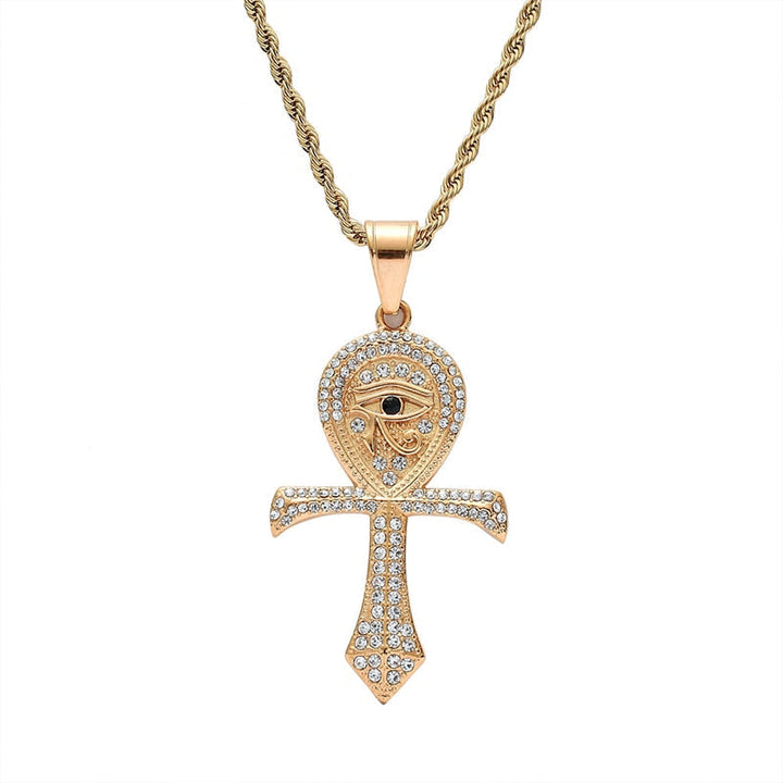 Goldene Ankh-Halskette mit Strasssteinen, ägyptisches Kreuz, modisches Schmuckstück.