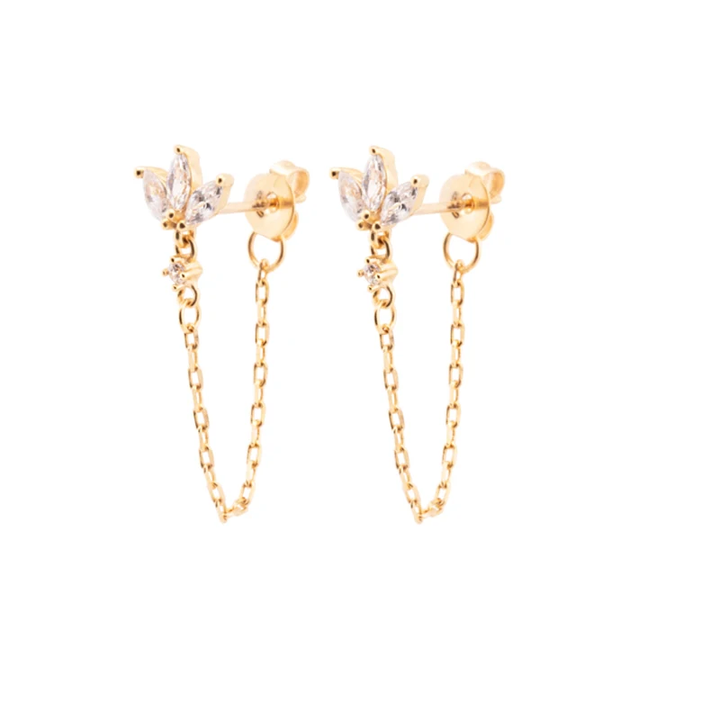 Goldene Ohrringe mit Kette und Zirkonia, eleganter Schmuck, Damenaccessoire, modisch.