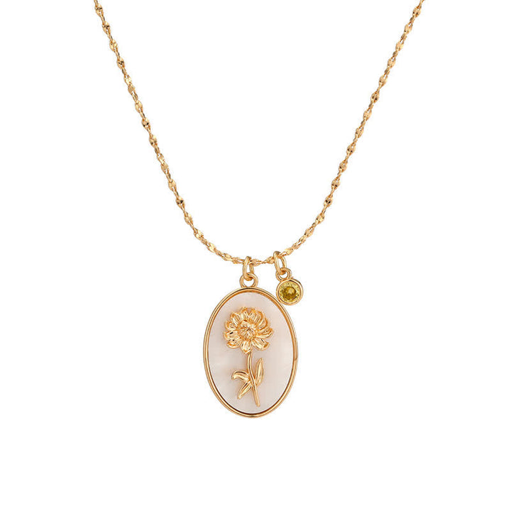 Goldene Halskette mit ovalem Anhänger, Blumenmotiv, Perlmutt, Damen-Schmuck, elegant.