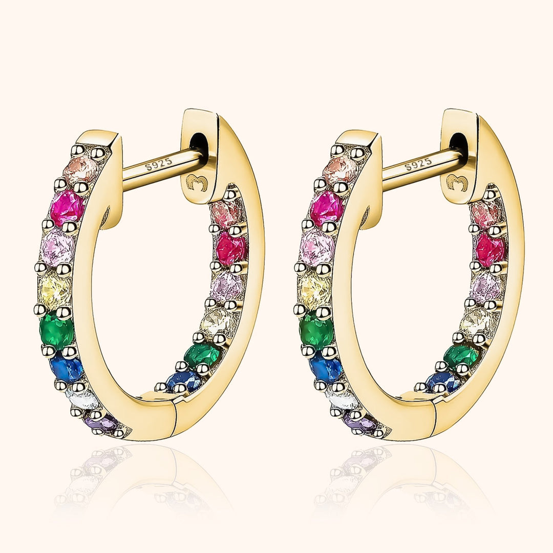 Goldene Creolen mit bunten Edelsteinen, 925er Silber, modische Ohrringe, Schmuck für Damen.