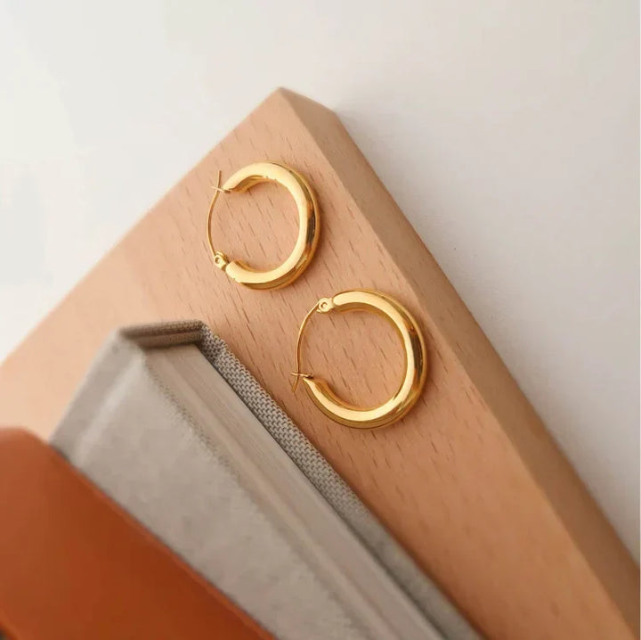 Goldene Creolen-Ohrringe auf Holzuntergrund, eleganter Schmuck, modische Accessoires.