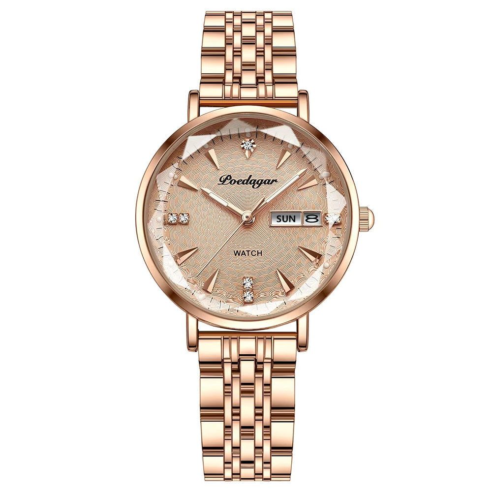 Luxus-Damenarmbanduhr in Roségold mit Datumsanzeige, Edelstahlarmband, elegantes Design.