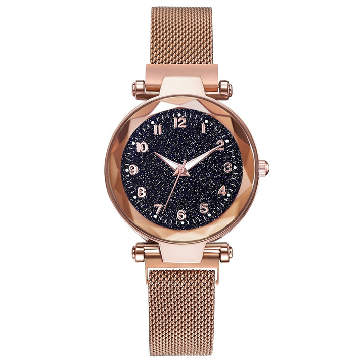 Roségoldene Damenarmbanduhr mit glitzerndem Zifferblatt und Mesh-Armband, elegant und modern.