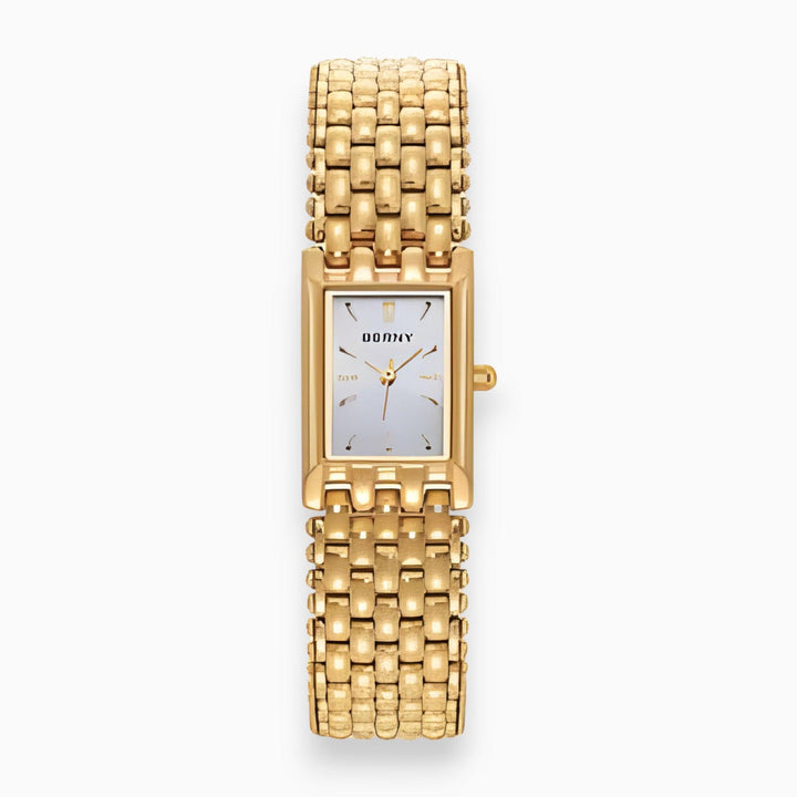 Goldene rechteckige Armbanduhr, Metallarmband, elegantes Design, Damenuhr, Luxusaccessoire.