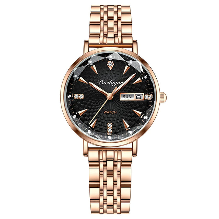 Luxus Herrenarmbanduhr, goldfarben, schwarzes Zifferblatt, Edelstahlarmband, Datum-Anzeige.