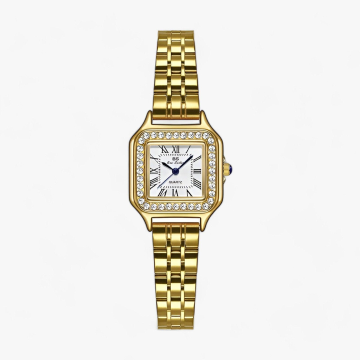 Goldene Damenarmbanduhr mit Strasssteinen, quadratisches Zifferblatt, elegantes Design.