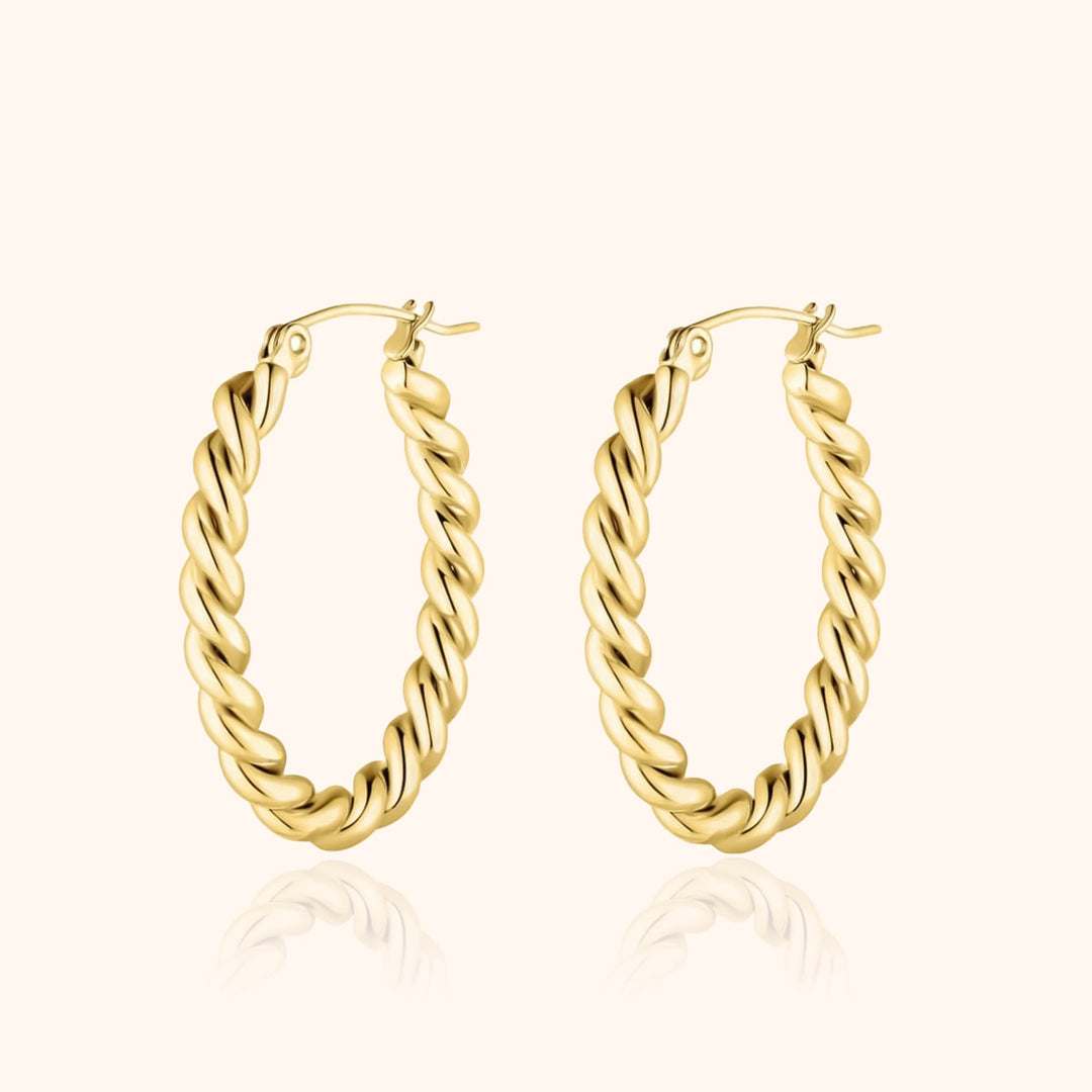 Goldene Creolen Ohrringe, gedrehtes Design, modisch, Schmuck für Damen, eleganter Stil.