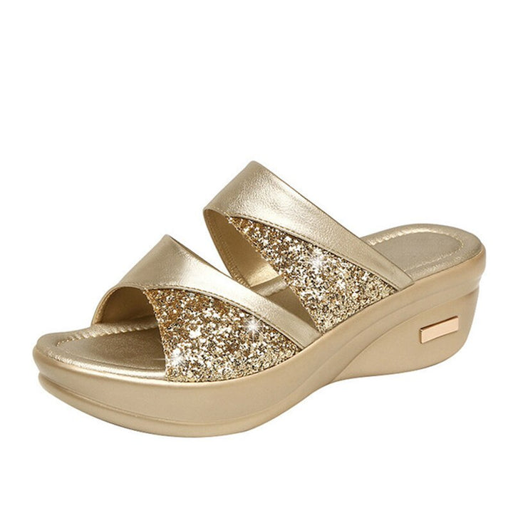 Goldene Damen-Sandalen mit Glitzer, Keilabsatz, bequem, modisch, Sommermode.