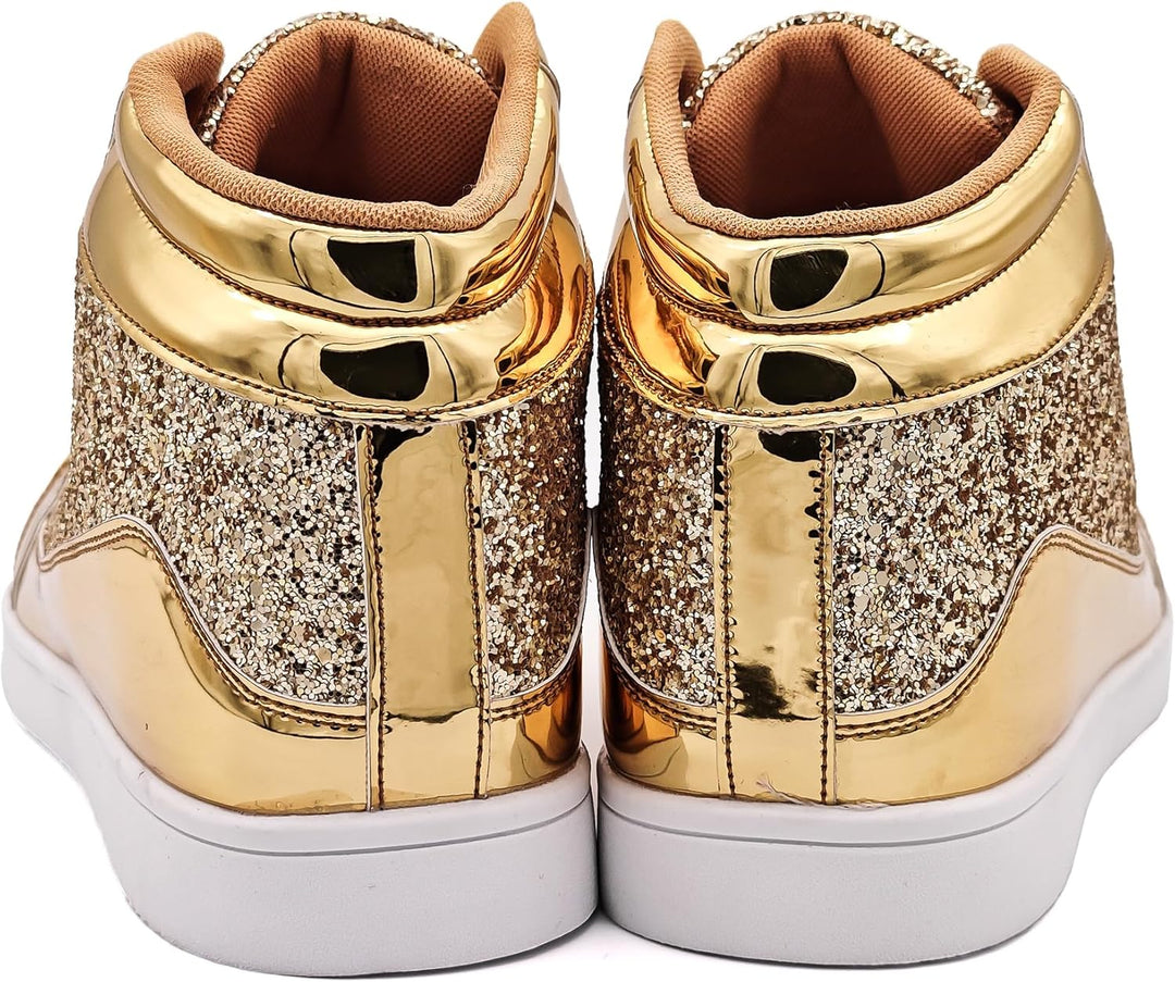 Goldene Glitzer-Sneaker, hohe Absätze, modisch, glänzend, Damen, Freizeit, trendy Schuhe.