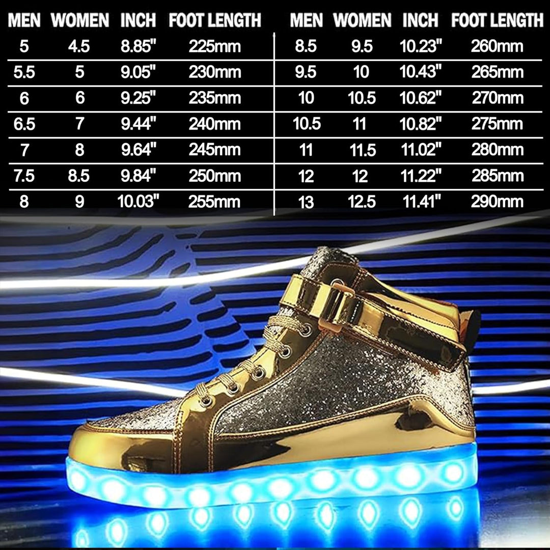 Goldene LED-Sneaker mit Glitzer, leuchtende Sohle, Größentabelle, modische Schuhe.