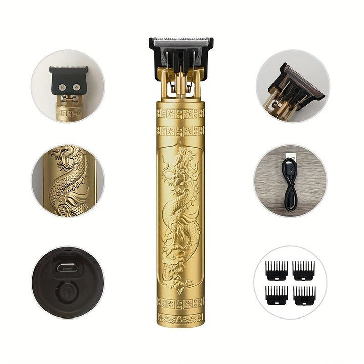 Goldener Haarschneider mit Drachenmuster, USB-Ladekabel, Aufsätze, präzise Bartpflege.