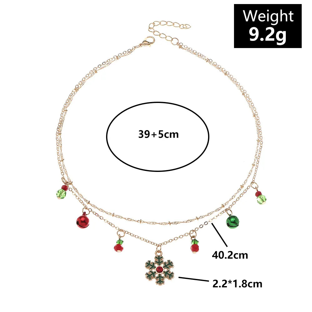 Goldene Halskette mit roten und grünen Anhängern, Schneeflocken-Design, 39+5 cm, 9,2 g.