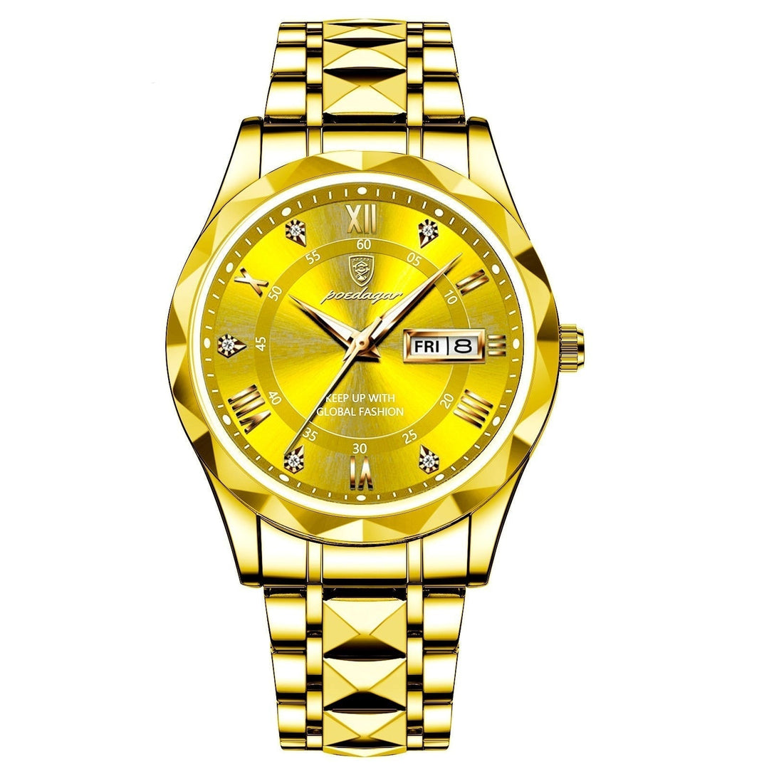 Goldene Herrenarmbanduhr, Edelstahl, analog, Datumsanzeige, luxuriöses Design.