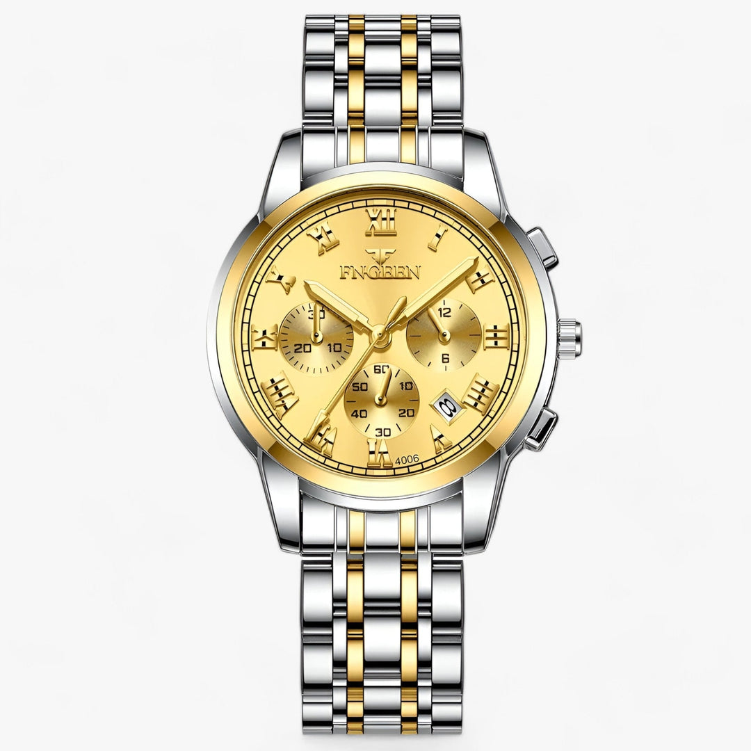 Luxus Herrenarmbanduhr, gold-silbernes Edelstahlarmband, Chronograph, elegantes Design